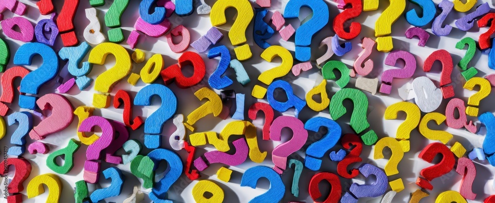 Poster the colorful question marks creating a playful and vibrant background.