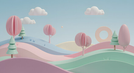 Pastel Dreamscape: A 3D Render of Whimsical Hills, Trees and Clouds for Serene Backdrop