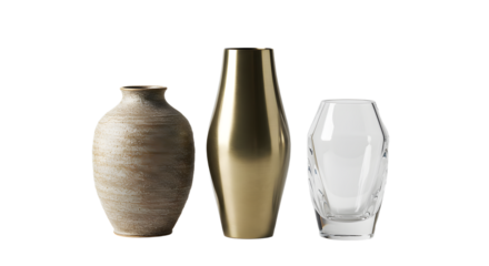 Three distinct vases displayed on a clean surface, showcasing various textures and materials, ideal for home decor inspiration