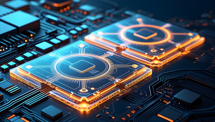 Futuristic Transparent Chips on High Tech Motherboard with Glowing Circuitry