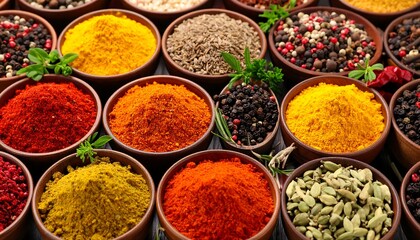 Colorful array of spices in bowls