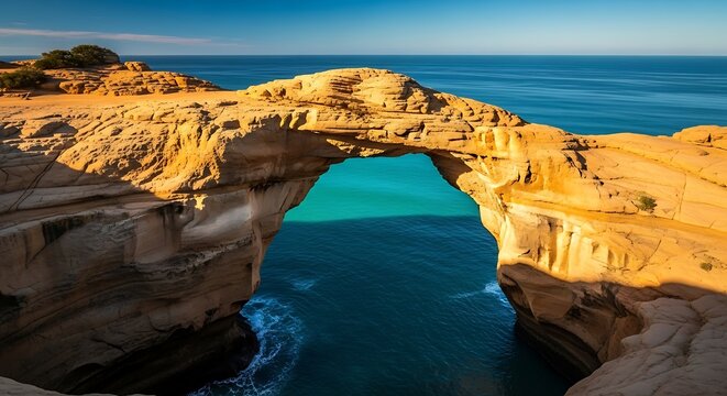 Majestic coastal archway formations over crystal clear ocean waterscapes with beautiful geological