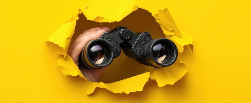 The binoculars revealing a vibrant world through a torn yellow backdrop.