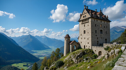 Ancient stone ruins of Tourbillon Castle with mountainous landscape, historic architecture and scenic views in the Swiss Alps