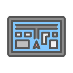 map display on smart car filled outline icon. map display color line illustration.
