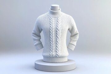 White cable knit turtleneck sweater displayed on a mannequin.