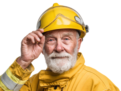  Elderly firefighter wearing yellow helmet on a white background - Powered by Adobe