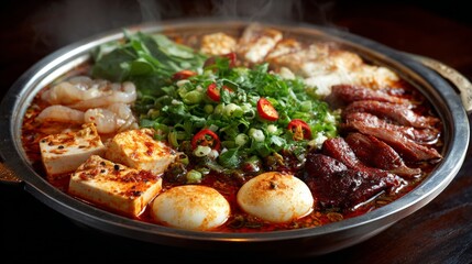 Fototapeta premium Delicious hot pot feast with vegetables, seafood, and meat garnished with fresh herbs.