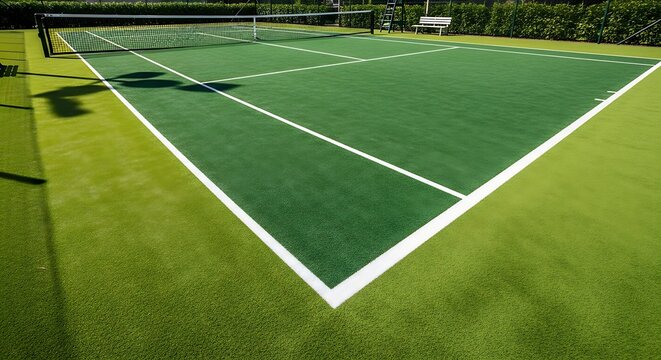 High angle view of a vibrant green tennis court with crisp white lines and net