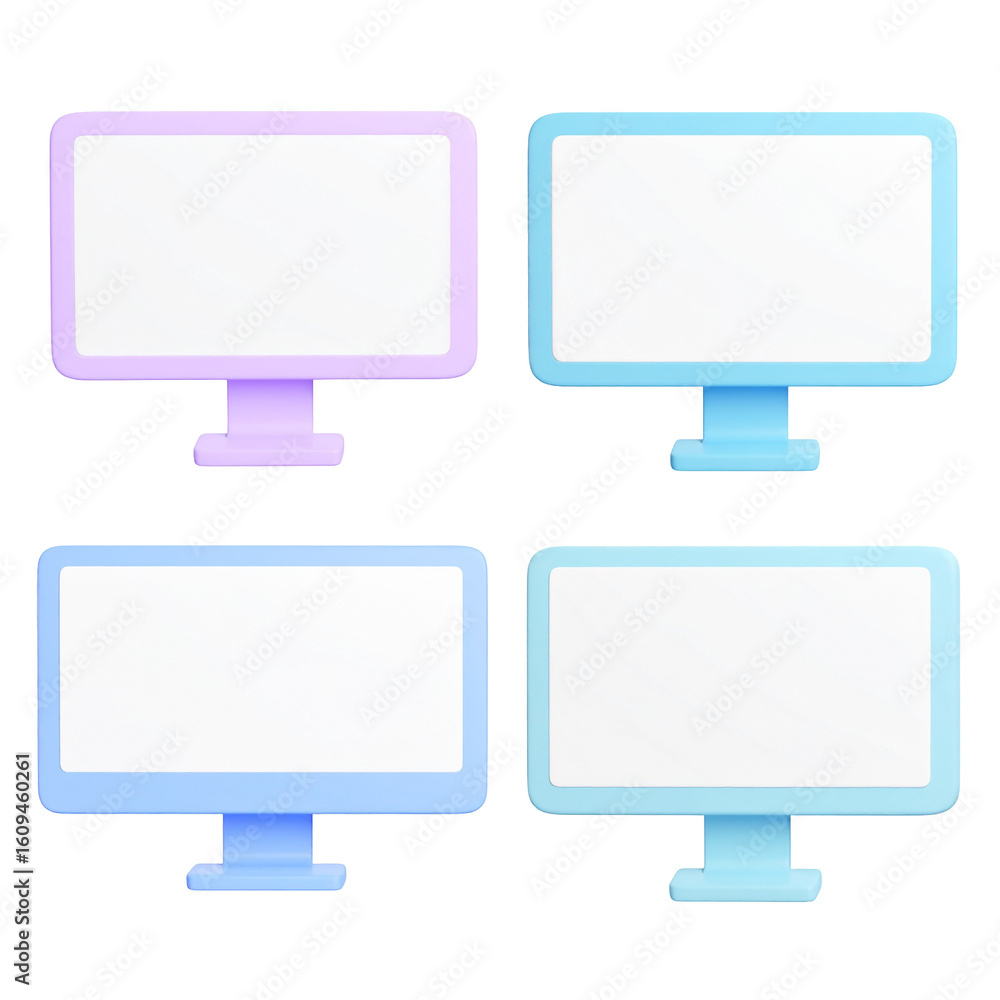 Poster mockups of monitors with blank screens over black backdrop for interface presentations