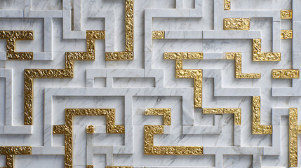 Intricate golden pattern inlaid on white marble, modern luxury wall design