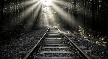 Naklejka premium Ethereal journey through the woods: Railway tracks illuminated by sunlight rays