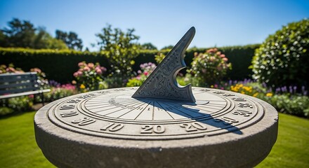 Ornate sundial tells time amid lush garden with manicured hedges and blue sky