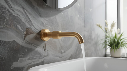 Brass wall-mounted faucet with simple design in a minimalist sink, minimalist bathroom fixtures, modern luxury