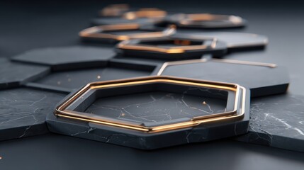 Hexagonal shapes in dark gray marble with golden outlines.