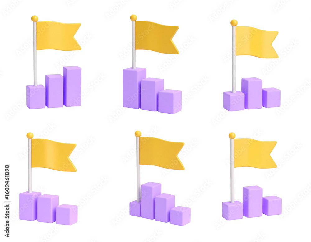 Poster six charts with golden flags, representing progress and achievement in a 3d rendering style