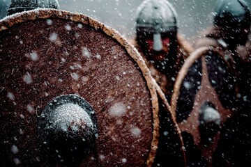 Intense close-up of Viking warriors during a snowstorm, featuring textured shields, helmets, blurred faces, and a dark, historical atmosphere