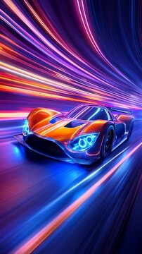 Futuristic Velocity: Neon Streams Surround a Sleek, High-Speed Vehicle Concept