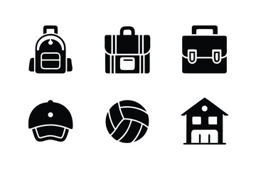Collection of black school and sports icons on a white background backpack briefcase