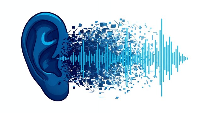 Digital Blue Ear with Sound Waves Abstract Technology Illustration