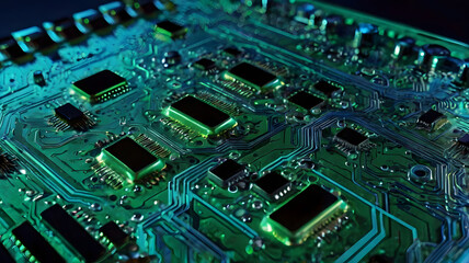 Obraz premium Close-Up of Computer Circuit Board with Green Technology Pattern