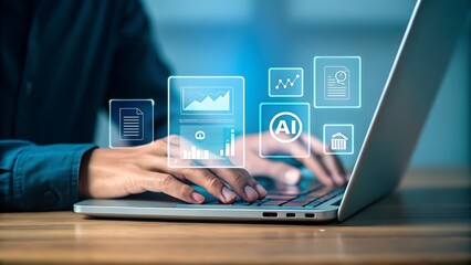 Person using laptop with futuristic digital interface displaying charts and ai icons