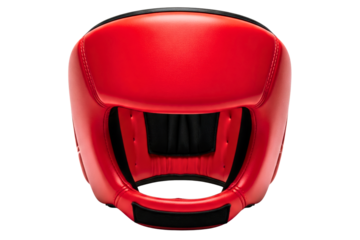 Professional red boxing head guard for martial arts training isolated on a transparent background