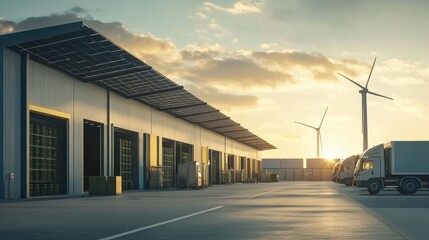 Photorealistic visualization of a modern green factory powered by solar panels in the context of wind turbines, wind turbines in the background, electric trucks unloading sustainable materials