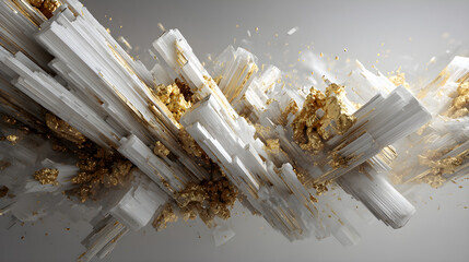 Abstract Mineral Formation: Gold-Infused Crystal Clusters, High-Detail 3D Render