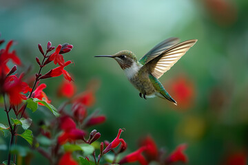 Fototapeta premium Tiny hummingbird hovering near red flower