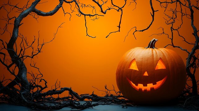 Eerily enchanting halloween pumpkin against a vivid orange backdrop scene