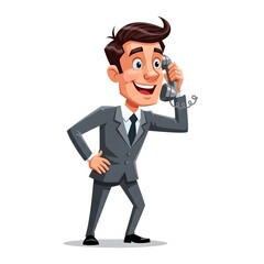 Cartoon businessman in suit talking on a vintage rotary phone.