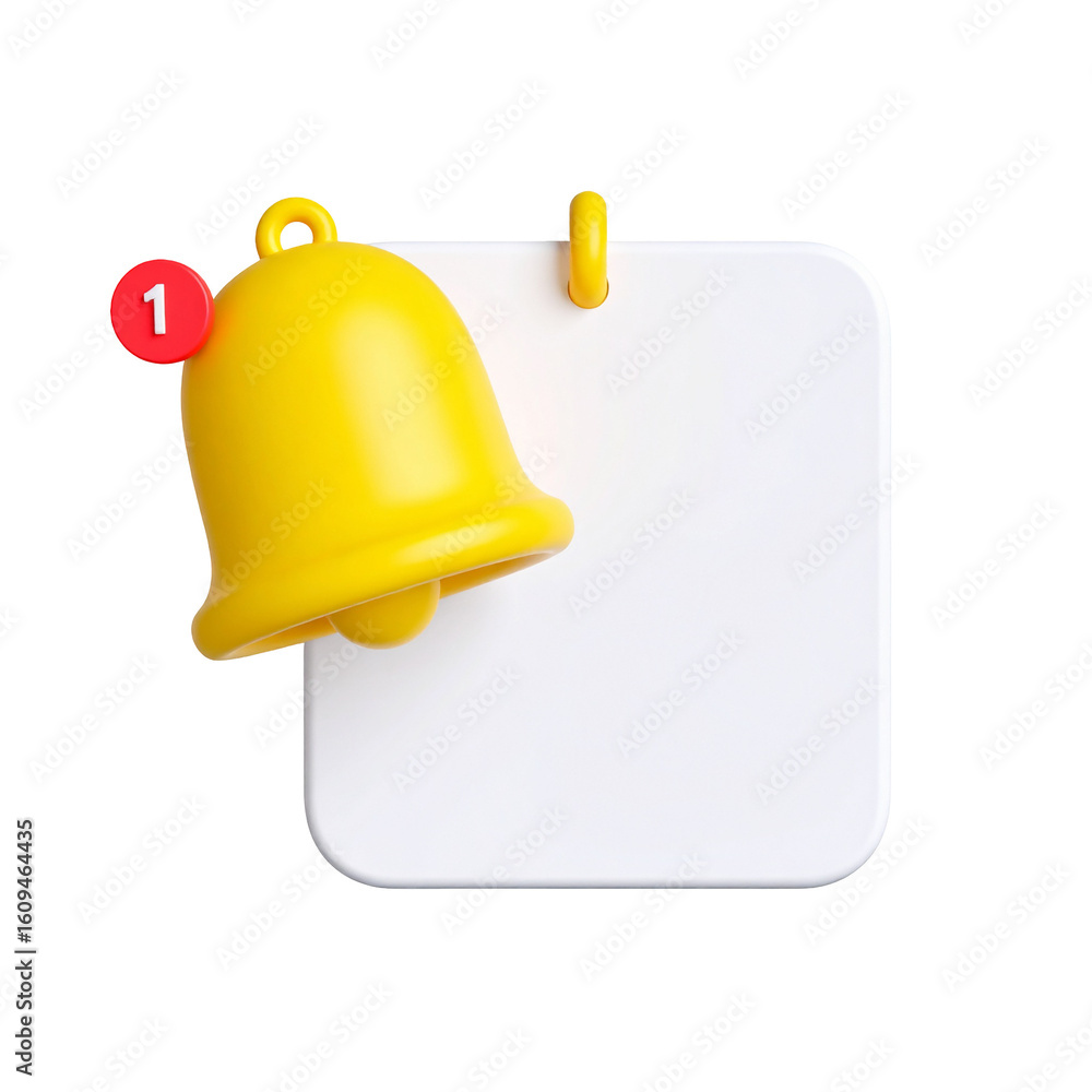 Poster 3d rendering of a yellow bell with a red notification next to a white memo