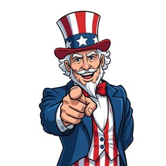 Uncle Sam cartoon character pointing directly at viewer, patriotic colors, American icon.