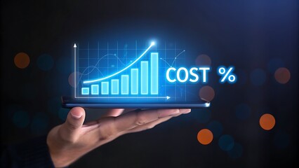 Hand holding smartphone displaying a glowing blue bar graph with an upward trend line and text cost