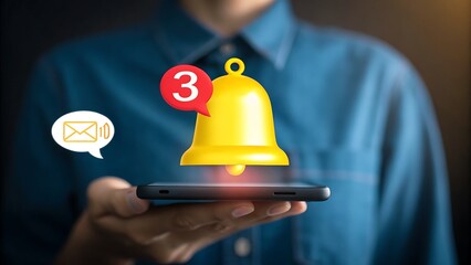 Person holding smartphone with notification bell and message icon