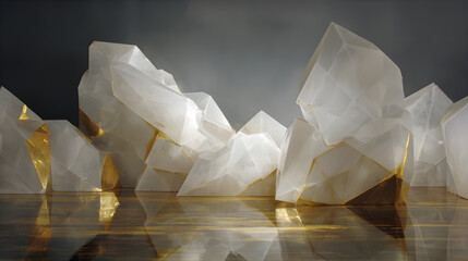Abstract geometric crystal structures with gold accents on a reflective surface