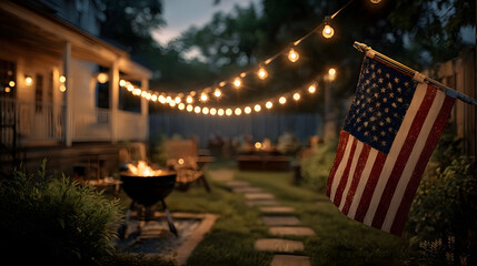 Independence day celebration. American flag backyard barbecue evening celebration, string lights, family gathering holiday, 4th july