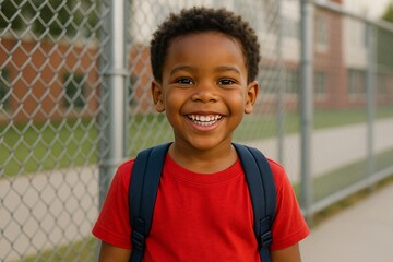 Smiling boy with backpack on first day of school