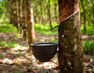 Rubber tree tapping.  A close-up view of a rubber tree with a small black bowl beneath a cut, collecting latex.  Sunlight filters through the trees