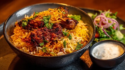 Fototapeta premium Chicken biryani served in bowl. Rice dish looks flavorful for menu design, food blog, advertising.