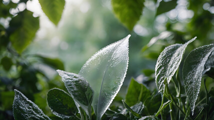 Dew on Silvery Green Leaves in Soft Morning Light