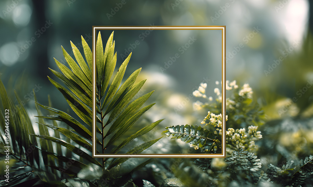 Poster lush tropical jungle foliage frame with blurred background for design and branding projects.