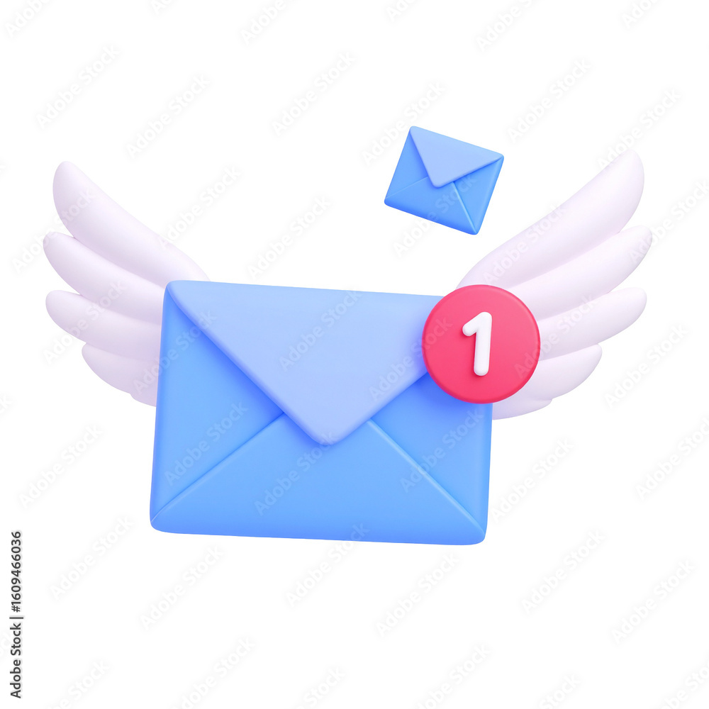 Poster email arrives with wings, 3d render against black, signaling inbox message. use for web design