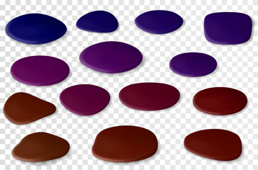 Rainbow multicolored drops of paint or varnish on the plain surface. Realistic vector set isolated on transparent backdrop with shadows