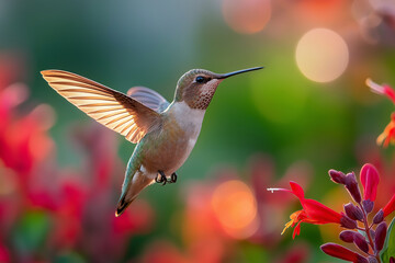 Fototapeta premium Tiny hummingbird hovering near red flower