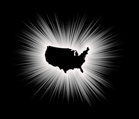 United states of america map silhouette with sunburst effect on black background