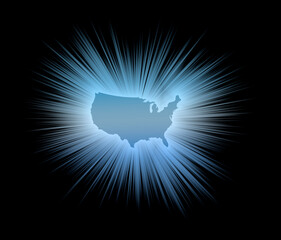 United states of america map silhouette with sunburst effect on black background
