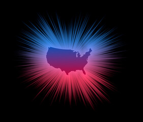 United states of america map silhouette with sunburst effect on black background