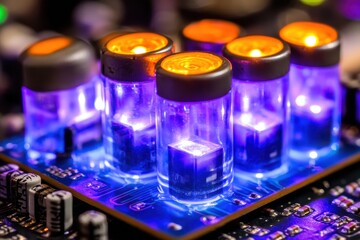 Close-up view of glowing vacuum tubes on a circuit board.